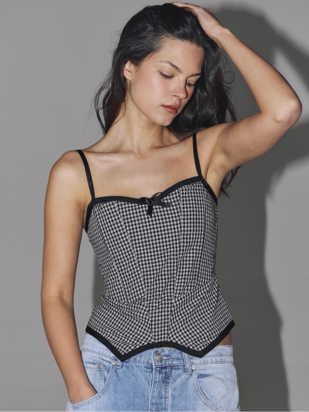 OLIVACEOUS Black & White Gingham Spaghetti Strap Corset Top